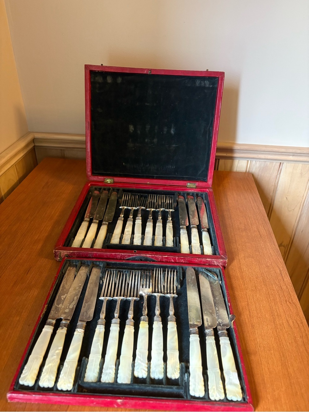 Vintage Atkin Brothers Mother-of-Pearl Handle Flatware Set in Red Case